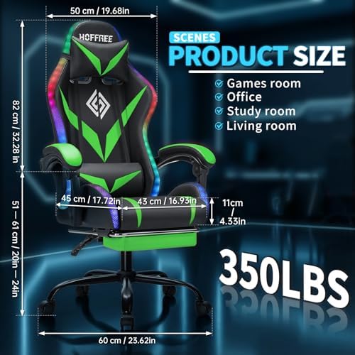 Gaming Chair with Bluetooth Speakers RGB LED Lights Computer Chair-Green