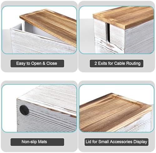Large Cable Management Box, White Washed Wood Cord Organizer Box for Desk, Floor, Office to Hide Extension Cords Power Stripes Surge Protectors Chargers Wires