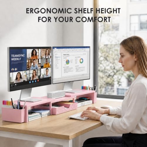 OPNICE Desk Organizers and Accessories, Dual Monitor Stand Riser with Drawer and 2 Pen Holders, Desk Shelf Printer Stand for Office Workspace Organizers, Desktop Organization (Light Pink)