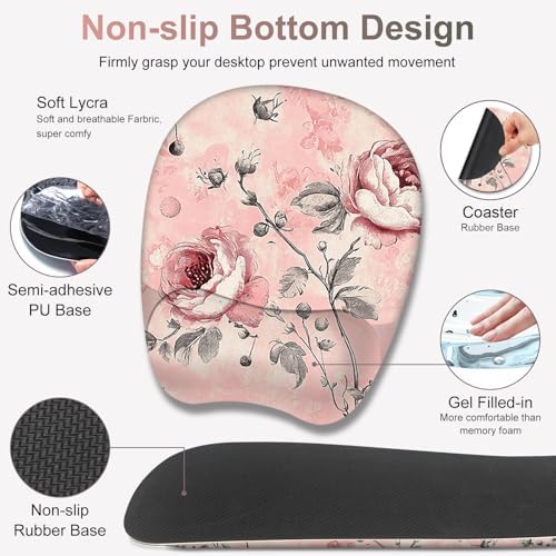 4 in 1 Large Mouse Pad, Keyboard Wrist Rest Set, Ergonomic Mouse Pad with Wrist Support, Desk Mat with Stitched Edges Extended Desk Pad Waterproof Desk Mat for Home Office Game I Pink Rose Flowers