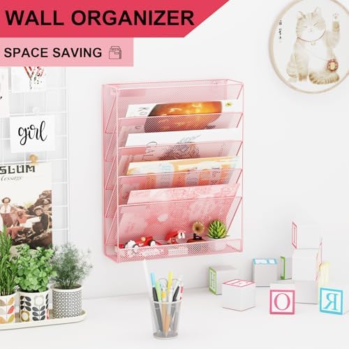 Wall File Organizer Holder Mesh Hanging Paper Document Holder, Vertical 6 Pocket Tier for Office Home, Light Pink