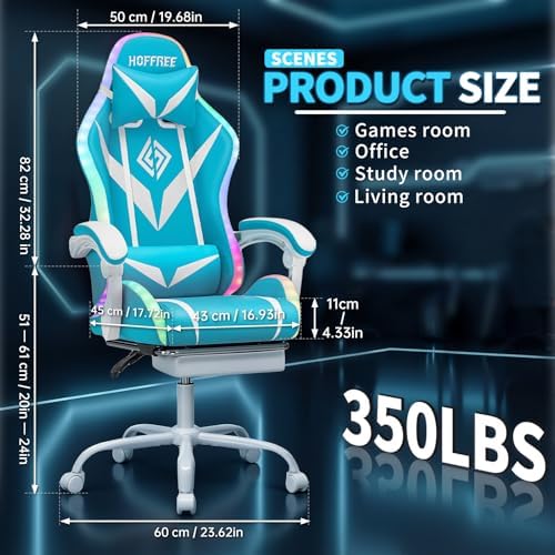 RGB Gaming Chair with Massage&Footrest Racing Style Computer Chair-Sky Blue