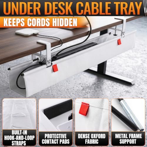 Under Desk Cable Management Tray 36" — No Drill Clamp-On Cord Organizer for Desk with Built-in Ties, Heavy Duty Metal Clamp, Foldable 600D Oxford Fabric for Home Office, WFH & Gaming PC Setup (White)
