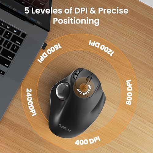 SABLUTE MAM2 Wireless Trackball Mouse Ergonomic with 5 Levels DPI-Grey Ball