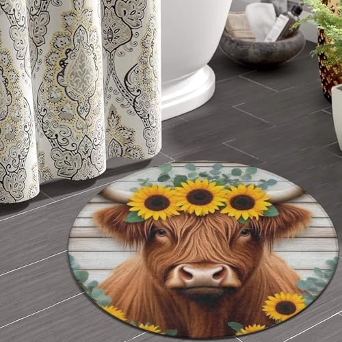 Large Home Decor Mat, Soft Round Yoga Carpet, Non Slip Machine Washable Kitchen Office Circle Rug Sunflower Highland Cow