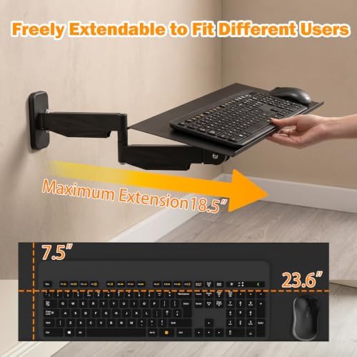 Adjustable Wall-Mounted Keyboard Tray with Spring Arm, Ergonomic 23.6" Aluminum Workstation, 180° Swivel & 90° Tilt, Cable Management, Space-Saving Wall Mount Desk Space Saver，A