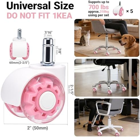 Pink Office Chair Wheels, 2 Inch Heavy-Duty Rubber Wheels for Office Chair, Computer Gaming Desk Chair Wheels-Set of 5, Smooth Rolling for Hardwood Carpet Tile Floors, 11 * 22mm Universal fit