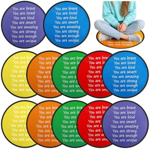 12Pcs Inspirational Quotes Carpet Circle Seats 16x16 Inch Round Classroom Rug Positive Affirmation Soft Non-Slip Washable Floor Cushions Motivational Fluffy Mat for Back to School Home Supplies