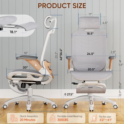 Ergonomic High-Back Office Chair with Footrest – Flip-Up Arms, 3D Headrest, 135° Recline, and Wide Mesh Seat with Lumbar Support. Rolling Swivel Task Chair for Gaming or Work, Sturdy, 300 LBS, 01NT-FT