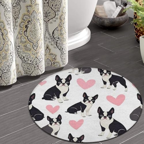 Large Home Decor Mat, Soft Round Yoga Carpet, Non Slip Machine Washable Kitchen Office Circle Rug Boston Terrier Bulldog