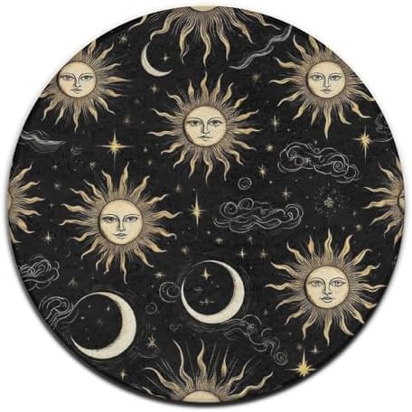 Machine Washable Modern Round Area Rug, Room Sofa Yoga Soft Round Carpet, Home Decor Non Slip Kitchen Office Circle Rug Mystical Magical Cosmic Astrology Sun Crescent Moon Stars Gold Black Art