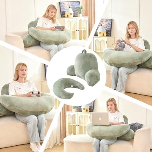 19" Reading Pillow for Bed,U Shaped Arm & Elbow Support,Green Faux Fur