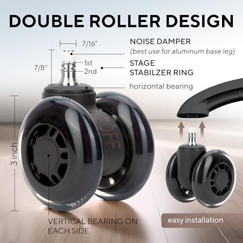 ZOFF Double Rollerblade Office Chair Wheels - 3 inch - Replacement Rubber Chair Casters - Smooth & Quiet Rolling - Easy Installation - Safe for Hardwood Floors & Carpet - Universal Fit - Set of 5
