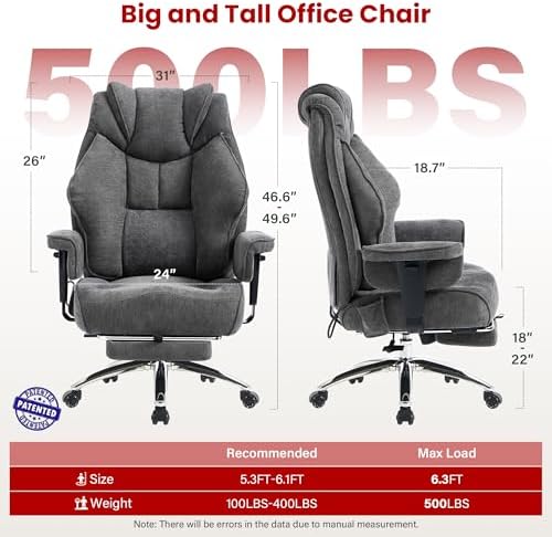 Clome 500lbs Big and Tall Office Chair Adjustable Lumbar Support for Back Pain, Extra Wide Seat Executive Office Chair Thick Armrest Pad, Heavy Duty Base Ergonomic Computer Desk Chair