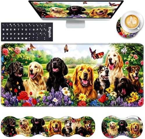 Keyboard Wrist Rest and Mouse Pad with Wrist Support Set Ergonomic Coaster,Memory Foam,Easy Typing Pain Relief,Large XL Desk Mat 31.5"x 11.8",Dog with Butterflies and Flowers