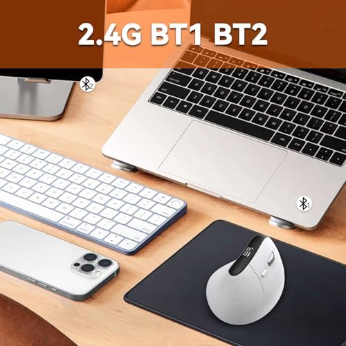 Eelexa Wireless Ergonomic Vertical Mouse with OLED Screen Display for Right Hand, Rechargeable Bluetooth Optical Computer Mice,Compatible with Windows MAC OS (White)