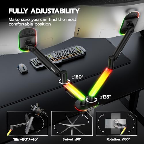ARES WING RGB Dual Monitor Arm Desk Mount for 17-35 Inch Monitors, Black