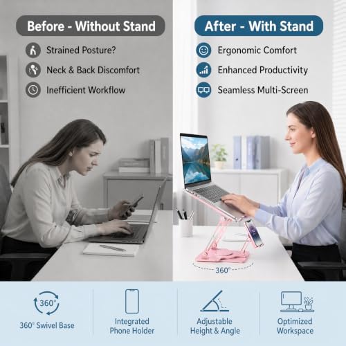 Laptop Stand for Desk,Adjustable Computer Stand with 360° Rotating Base,2-in-1 Laptop Stands with Phone Holder,Ergonomic Laptop Riser for Collaborative Work,fits for All 10-16" Laptops (Pink)