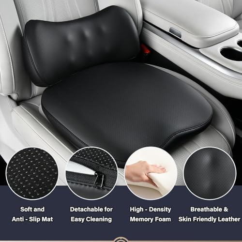 Coverado Memory Foam Car Seat Cushion and Lumbar Support Pillow for Driving Seat, Ergonomic Design Soft and Breathable PU Leather, High Density Memory Foam for Neck & Lower Back Pain Relie