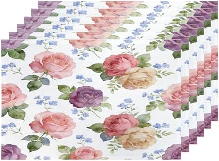 Shrahala Pink Plant Floral Set of 6 12 X 18 Inch Linen Placemats, Blue Abstract Roses Burlap Table Mat Washable Double Layered Heat Insulation for Indoor/Outdoor
