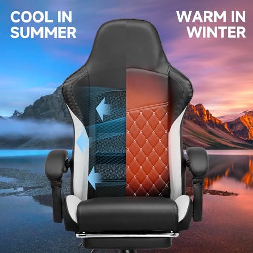 GTPLAYER Gaming Chair, High Back Leather Computer Gaming Chair with Footrest, Ergonomic Height Adjustable Office Chair with Removable Cover and Lumbar Support for Gaming & Work,White