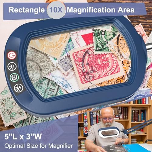 16" Extra Long Magnifying Glass with Light and Clamp, Real Glass, 5 Color Modes, Stepless Dimmable, Lighted Magnifier with Stand Hands Free, LED Swing Arm Desk Lamp for Close Work, Craft, Blue