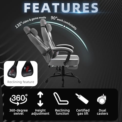 Shintenchi Big and Tall Gaming Chair Fabric Pocket Spring Cushion,High Back Recliner with Footrest and Headrest for Adults, Massage Lumbar Support for Home Office, Ergonomic Computer Desk Chair, Gray
