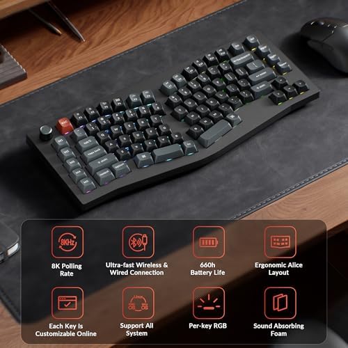 Keychron V10 Ultra 8K Wireless Mechanical Keyboard, 75% Alice Ergonomic Layout with Knob, 8000Hz 2.4GHz/USB-C Wired, Bluetooth 5.3, ZMK, Hot-Swappable Brown Linear Switches for Mac, Windows & Linux