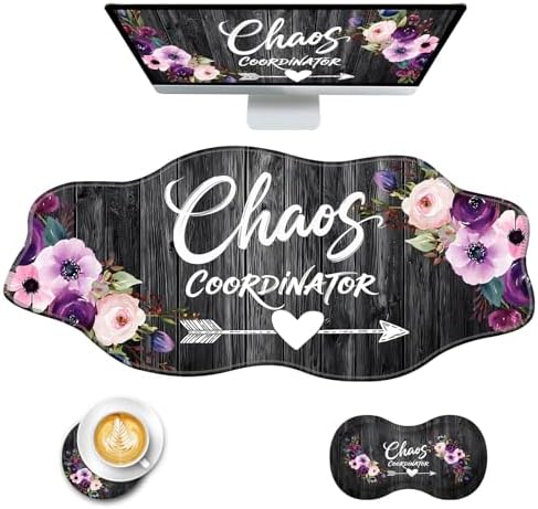 Mouse Pad with Wrist Support + Desk Mat + Coaster 3 in 1 Set, XXL Large Gaming Mousepad Ergonomic Mouse Pads for Desk Computer Laptop Office,Chaos Coordinator Quotes Vintage Watercolor Floral