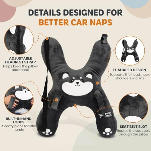Kids Car Sleeping Pillow, H-Shaped for Neck & Back Support, Grey Dog