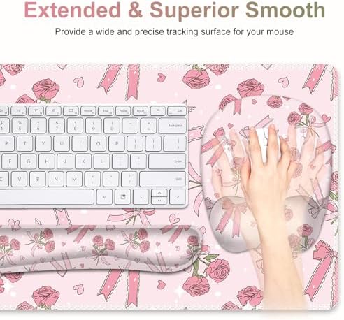 Pink Mouse Pad with Wrist Support 4 in1 Set, XXL Big Game Mousepad + Keyboard Wrist Rest + Mouse Wrist Rest Pad +Coaster Gaming Mat for Home Office Work Computer Laptop PC I Sweet Rose & Heart Bow