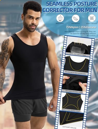 MISS MOLY 2 Pack Compression Shirt Mens Shapewear Tummy Control Posture Corrector Undershirt Tank Sleeveless Top Shaper