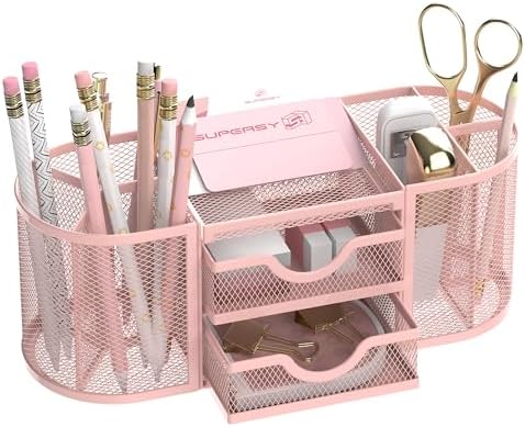 SUPEASY Mesh Desk Organizer, Pen Holder for Desk with 2 Drawers, Pink