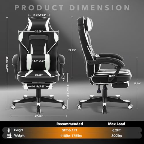 Big and Tall Office Chair, High Back Leather Gaming Chair with Footrest, Ergonomic Computer Chair w/Lumbar Support & Headrest, 360° Swivel Base & Height Adjustable Executive Chairs for Home/Offices