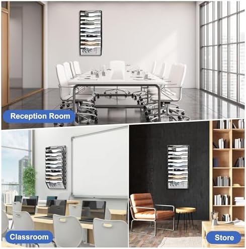 EasyPAG Wall File Organizer for Office 10 Pocket Mesh Wall Mounted Paper Organizer Hanging Folder Holder with Nametag Label for Home School, Black