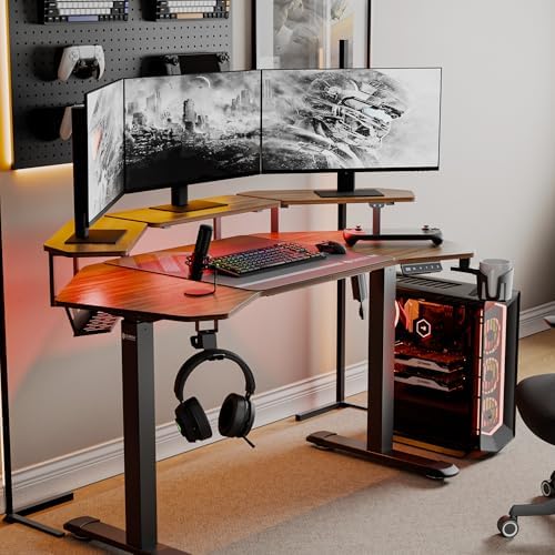 EUREKA ERGONOMIC Aero 55 Inch W Shaped Electric Standing Desk, Height Adjustable Computer Gaming Desk with LED Monitor Shelf, Mouse Pad, Headphone Hook, Cup Holder, Dark Walnut