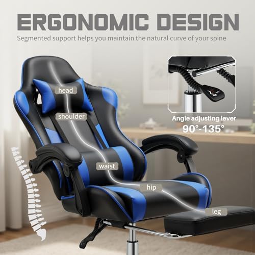NEWBULIG Gaming Chair with Footrest – Ergonomic High-Back with Lumbar & Headrest Support, Comfy PU Leather Recliner with Linkage Armrests, Adjustable Height, 360° Swivel, Blue