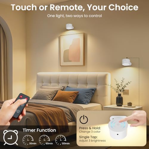 Koopala 3PACK Rechargeable LED Wall Sconce, Cordless Battery with Remote, Powered Wall Sconce, 3 Brightness Levels, 360° Swivel Magnetic Shade for Bedrooms, Hallways, Den and Reading Spaces（White）