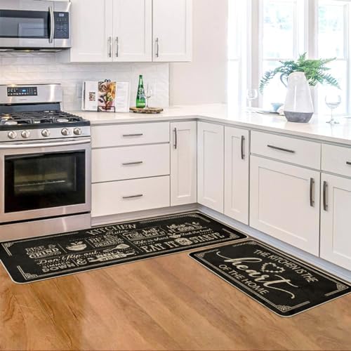 Artoid Mode Black Cooking Sets Kitchen Mats Set of 2, Seasonal The Kitchen is The Heart of The Home Holiday Party Low-Profile Floor Mat for Home Kitchen - 17x29 and 17x47 Inch