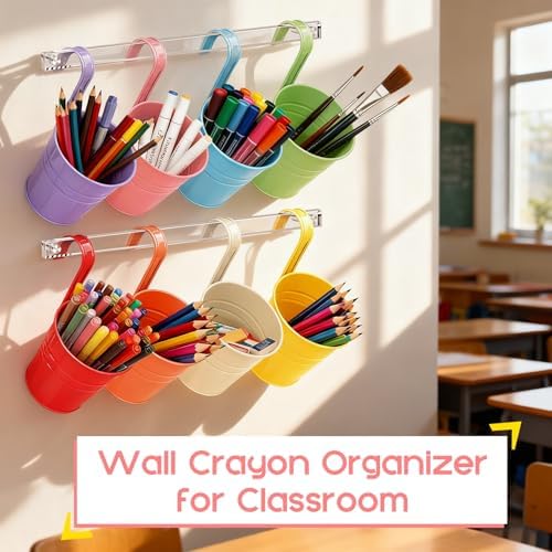 Vowcarol 8 Pack Metal Pencil Holder Crayon Organizer for Classroom with Hanging Rack for Wall, Crayon Holder Hanging Art Storage Buckets for Classroom