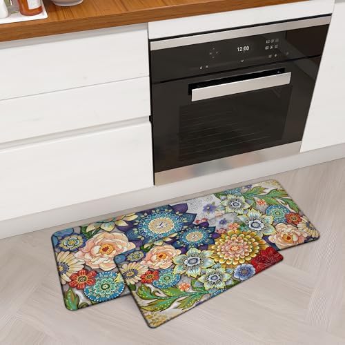Boho Floral Kitchen Rugs Mats for Floor 2 Piece Cushioned Anti Fatigue Memory Foam Mat Non Slip Standing Desk Padded Comfort Standing Mat, 17.3x28+17.3x47 Inch - 1/2 Inch Thick