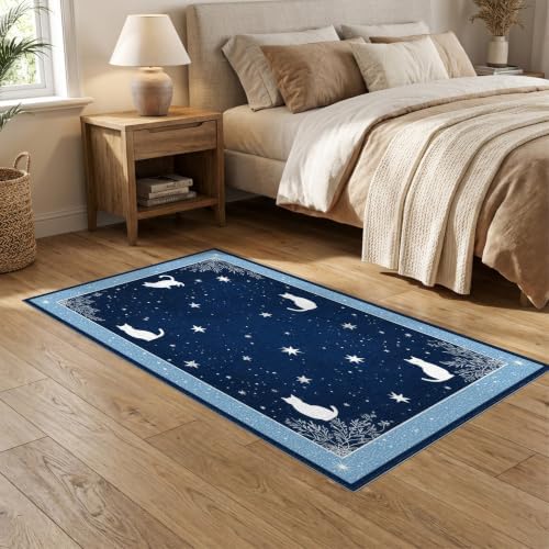 5'x7' Midnight Blue Cat Starry Design Washable Area Rug