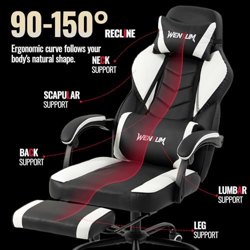 Big and Tall Gaming Chair 350lb Weight Capacity with Footrest, Ergonomic Video Game Chair for Adults with Oversized Headrest and Lumbar Pillow, Computer Chair Gaming for Office（White）