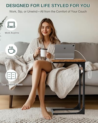 C-Shaped Side Table for Couch - Small Coffee Stand Sofa Tray Desk with Metal Frame Waterproof Scratch Resistant Wood Top and Built-in Charging Station, Rustic Brown
