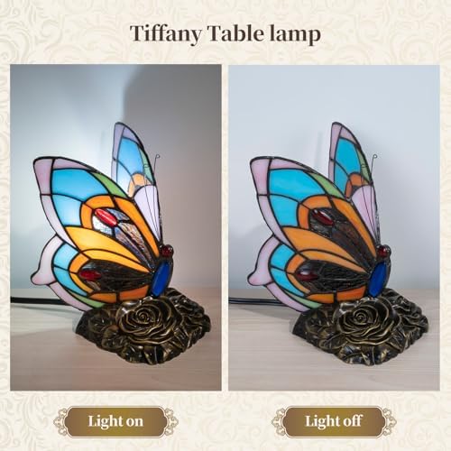 Tiffany Style Butterfly Lamp - Stained Glass Table or Desk Light LED Bulb Included - Colorful Vintage Look Butterfly Decor for Bedroom Living Room Office