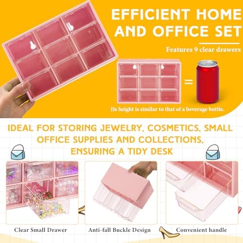 Wenqik 2 Pcs Mini Storage Drawers with 9 Clear Drawers, Pink