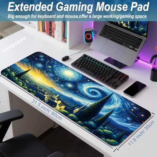 Gaming Mouse Pad 31.5x11.8 inch XL Large Extended Mouse Pad, Big Mousepad Desk Mat for Computer with Non-Slip Rubber Base and Stitched Edge-Blue Galaxy