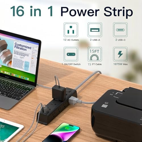 15FT Extension Cord, Power Strip Surge Protector with 12 AC Outlets & 4 USB