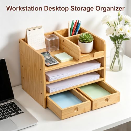 Bamboo Desk Organizer with Drawers, Makeup Storage for Home Office