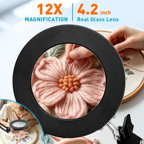 KIRKAS Magnifying Glass with Light and Stand, 12X 11in Clamp & Base